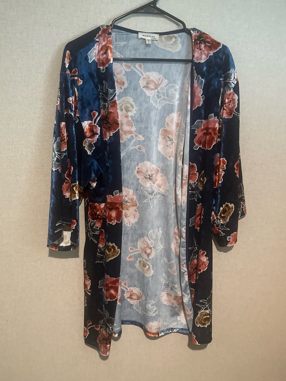 Monteau Large Navy Velvet Floral Burnout Open Kimono Cardigan